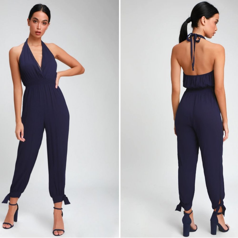 NWT LuLu’s navy “like linen” halter jumpsuit